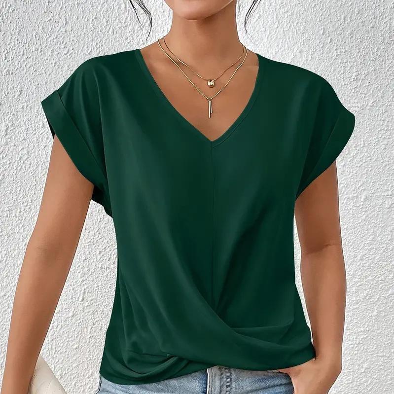 Women's Solid Color V-neck T-shirt Elegant Short-sleeved Blouse Spring and Summer Casual Women's Clothing