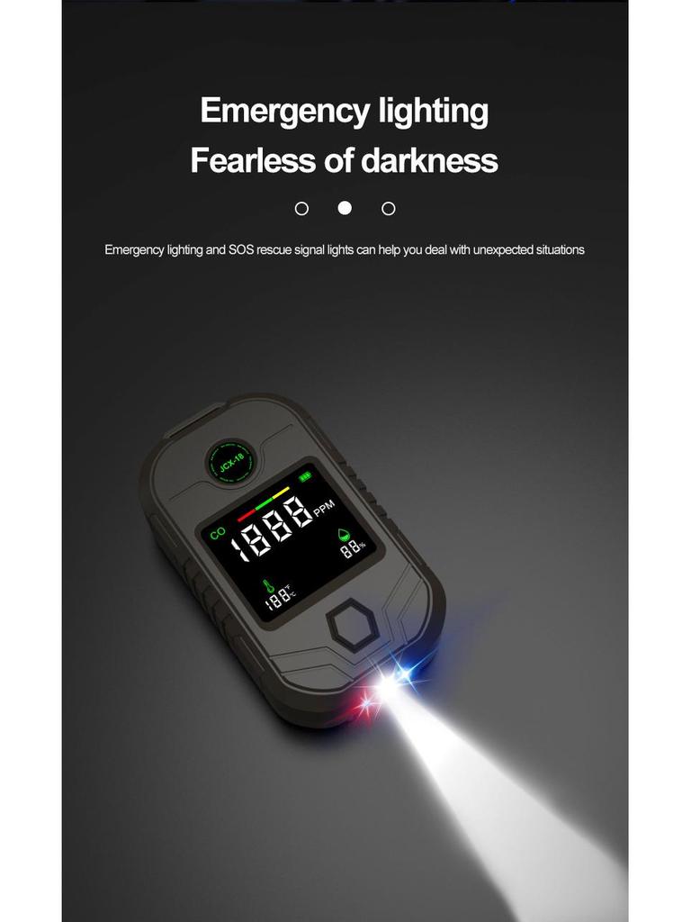 4-in-1 Portable CO Detector: Carbon Monoxide Alarm, Temperature & Humidity Monitor with Flashlight, Long-Lasting Battery