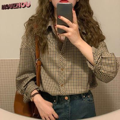 Plaid Shirts Women Elegant Basic Classic Turn Down Collar Retro Loose Office Lady Korean Style Long Sleeve Blouses Femme Clothes