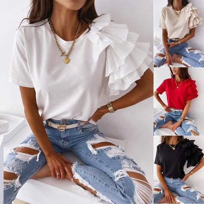 Fashion Women's Summer Ruffle Short Sleeves Round-Neck Casual Tee Tops