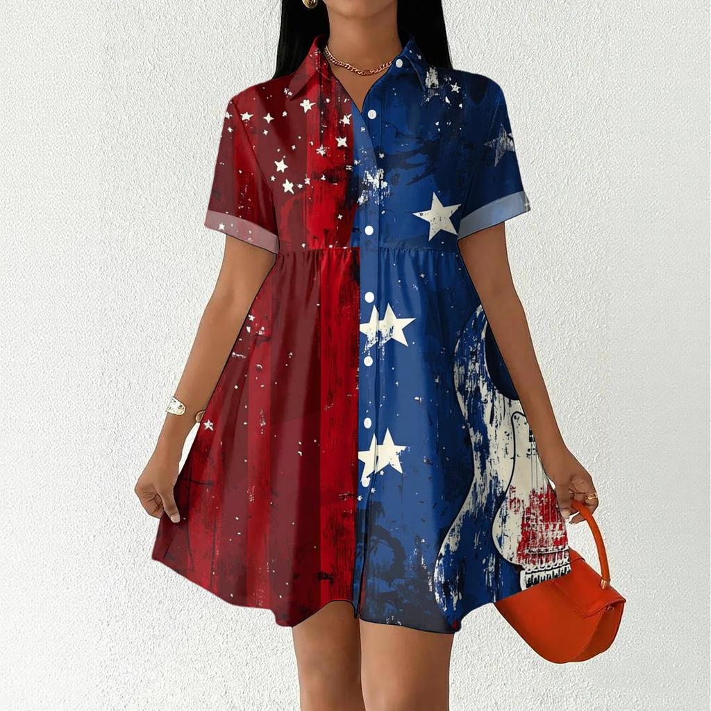 Women's Casual Loose Fit Shirt Dress Button Front Short Sleeve Collar Dress Independence Day Print Summer Dress