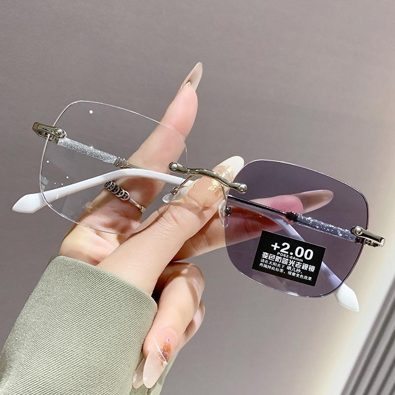 Unisex Luxury Photochromic Reading Glasses Fashion Rimless Color Changing Eyewear for Men Women Outdoor Anti-UV Presbyopia