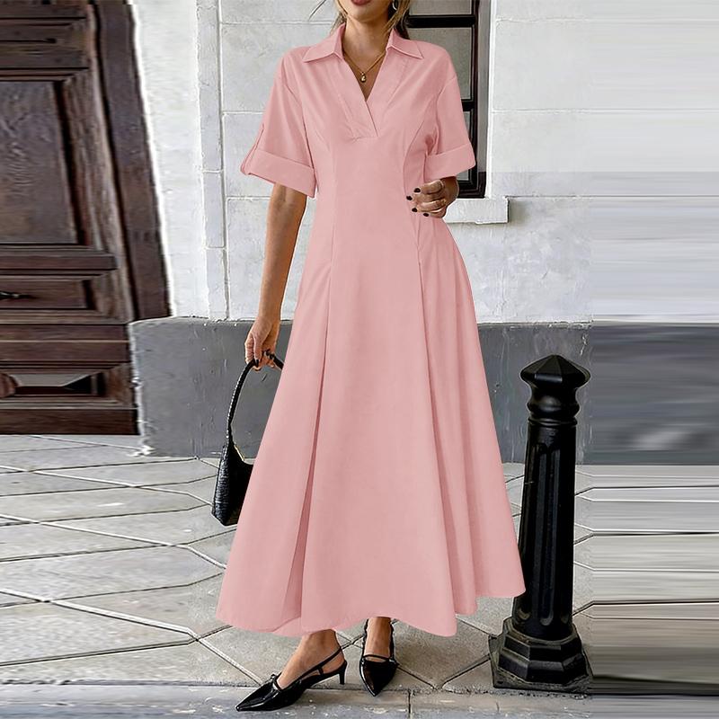 ZANZEA Damen Lässig Umlegekragen Sommer Kurzarm Langes Kleid