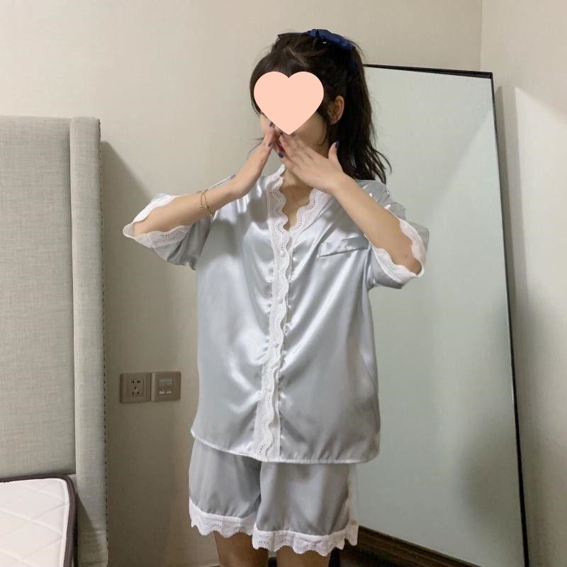 Korean Lace Collar Silky Homewear Set: Short Sleeve Top & Shorts In Solid Color for Spring/Autumn.