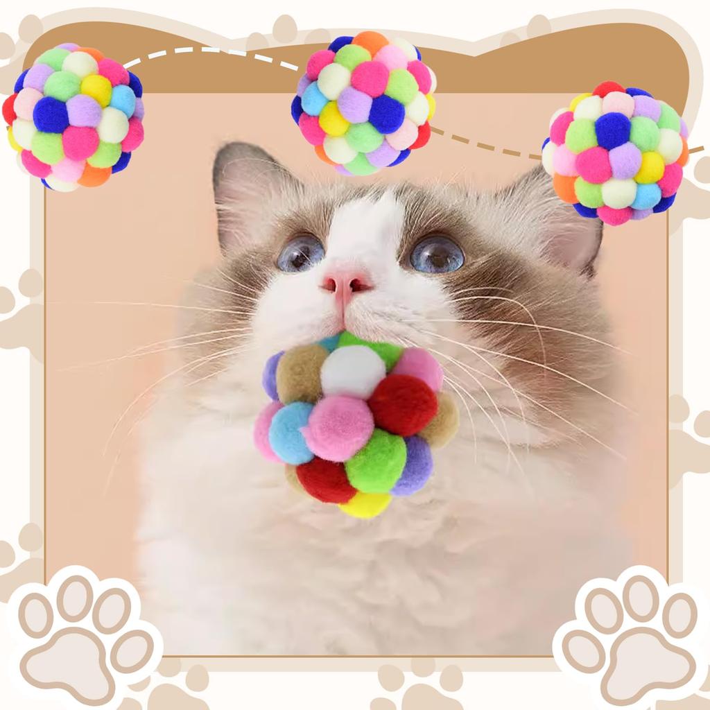 Fluffy Cat Ball Toys with Bells, Set of 6, Plush Cat Balls, Pet Exercise and Stress Relief, Interactive Toy for Kittens and Adult Cats