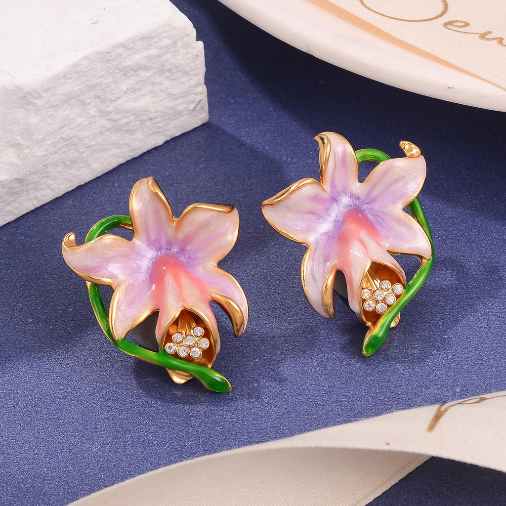 Guochao Retro Flower Exaggerated Earrings Enamel Oil Painting Series Personalized Light Luxury Earrings Medieval Vintage Jewelry