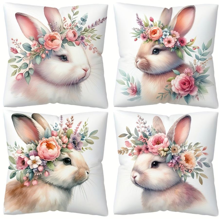 Easter Decoration Pillow Cover Home Farmhouse Decoration Gift Rabbit Flower Print Pillowcase Sofa Cushion Cover Short Plush Mate
