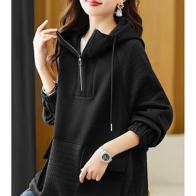 Damtröja Höst och vinter Nytt mode koreanskt temperament Färg Kollision Skarvning Huvtröja med dragkedja Kvinna