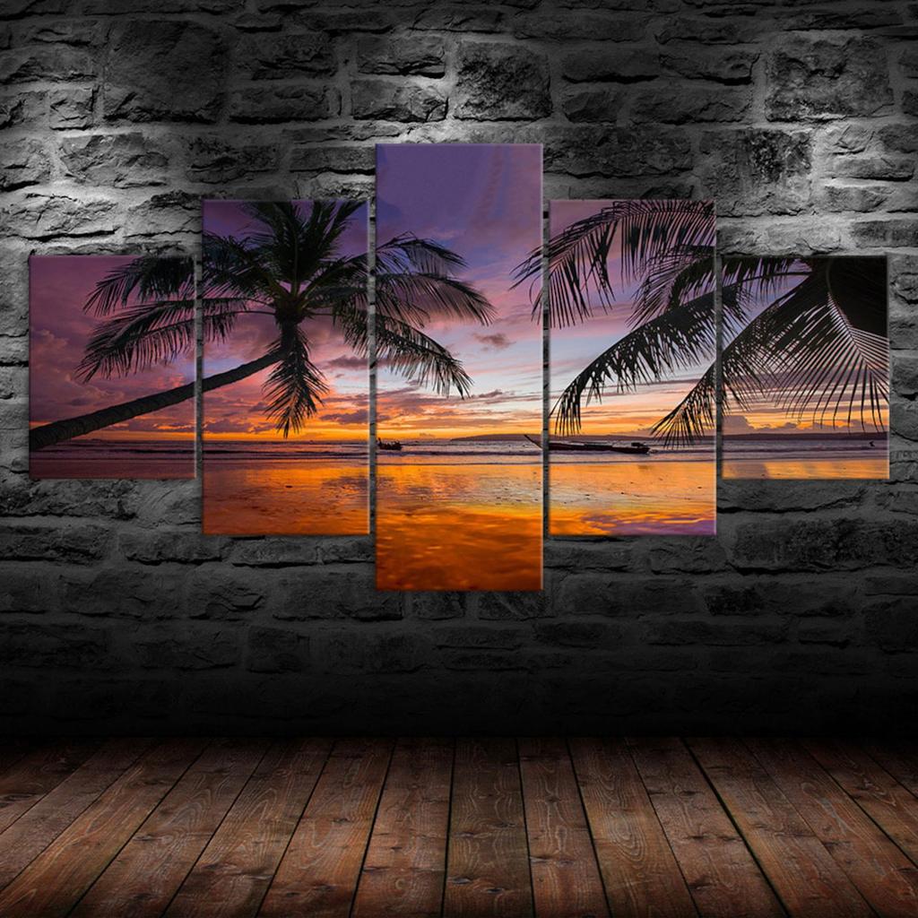 Beach Palm Trees Sunset Canvas 5 Piece Five Panel Wall Print Modern Art Poster Picture Home Decor Gift For Him For Her