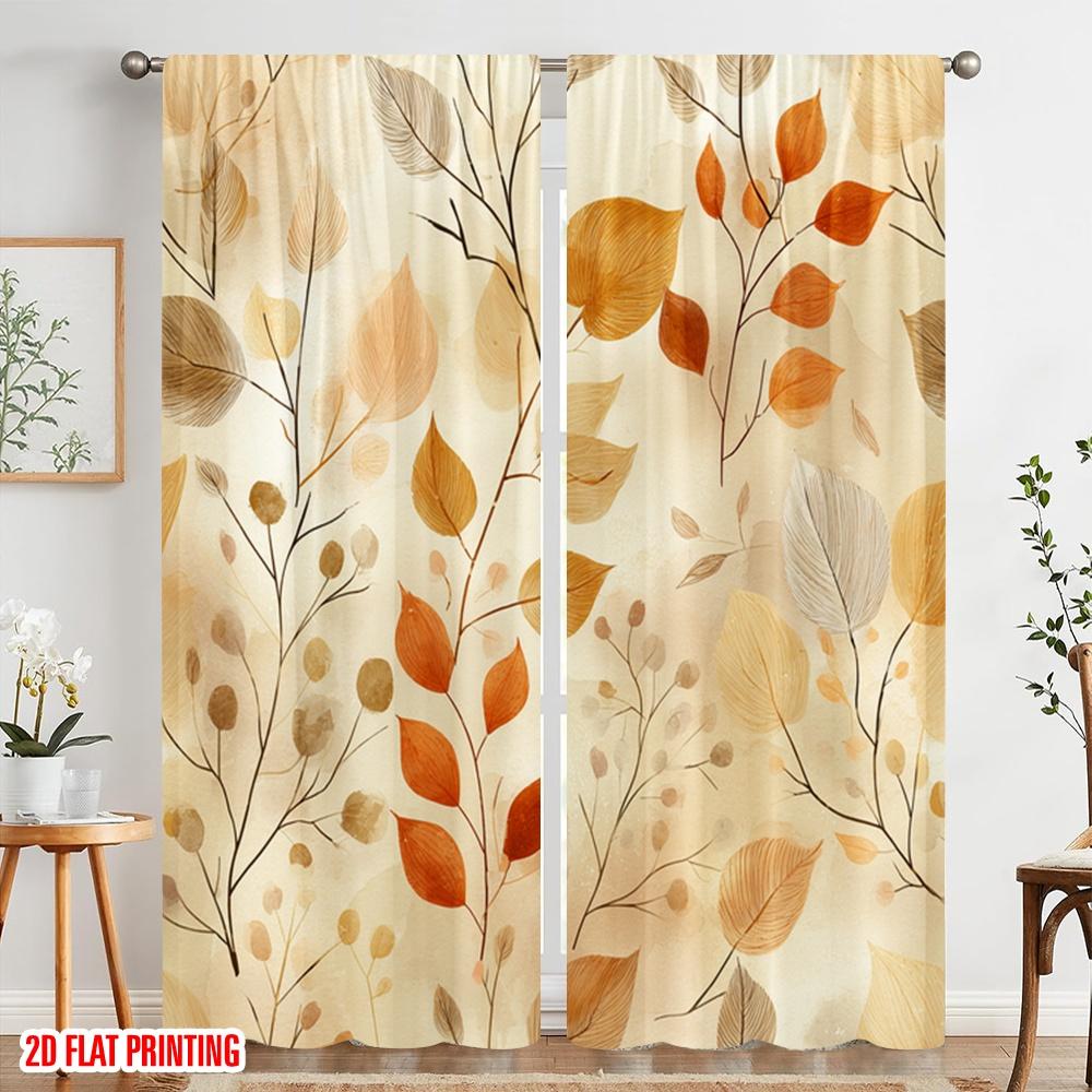 Set Of 2 Flat Printing Curtains Autumn Leaves Pattern Polyester Without Electricity Family Party Perfect Holiday Made