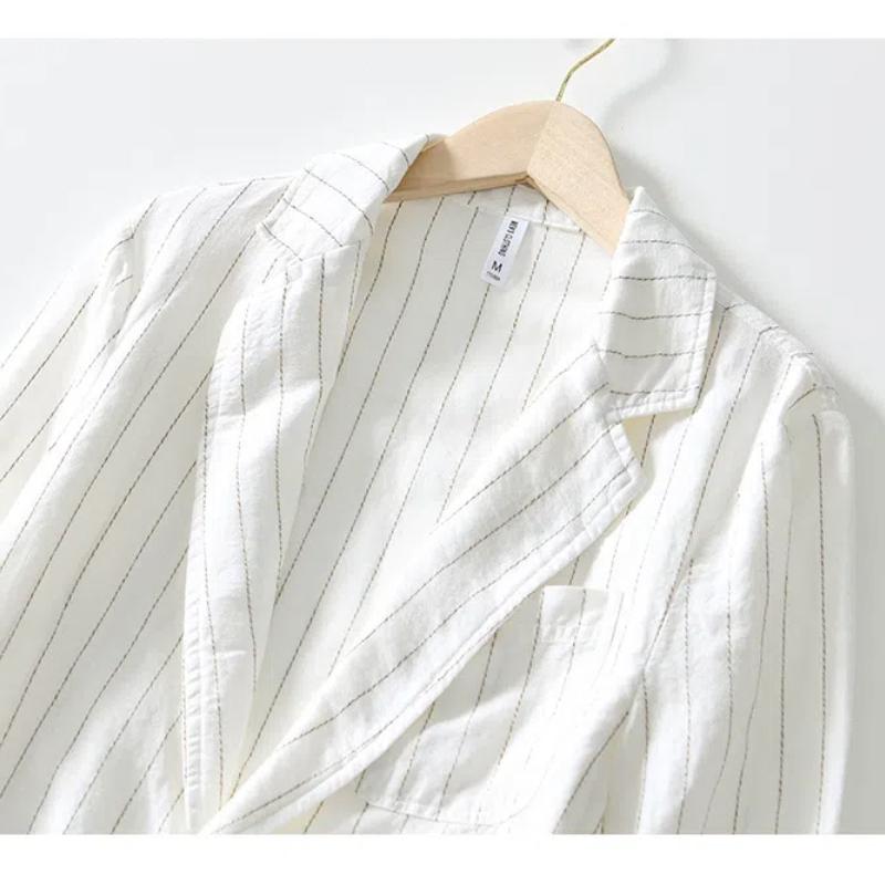 Summer Men's Suits&blazers Japanese Retro Style Stripes Cotton Linen Three Quarter Sleeve Blazer Jacket Slim Fit Casual Jacket