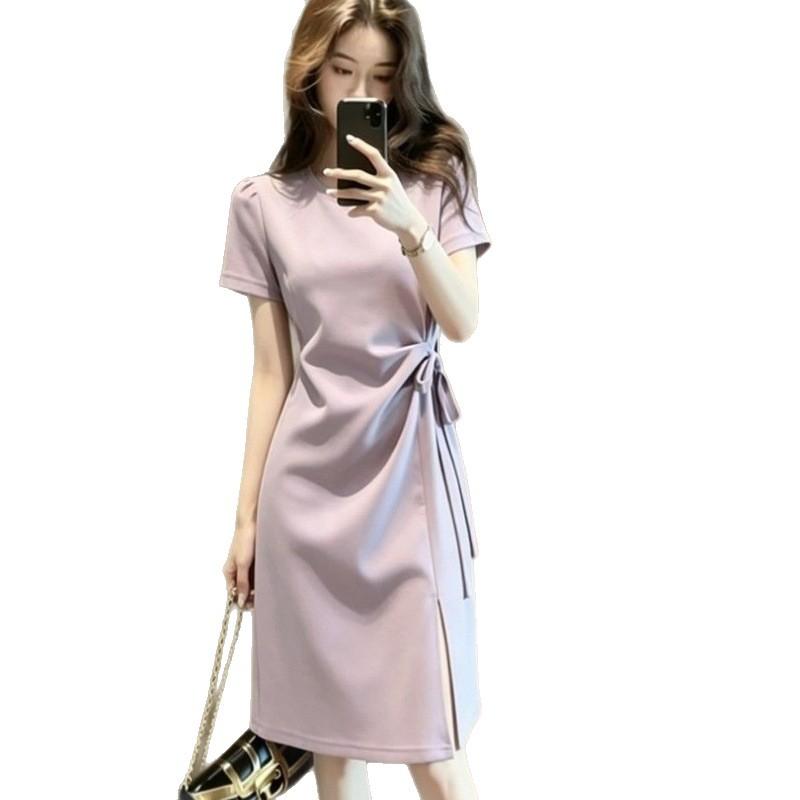 French Skirt Women's New Summer Dress Summer New Purple Short-sleeved Split Fork Medium and Long