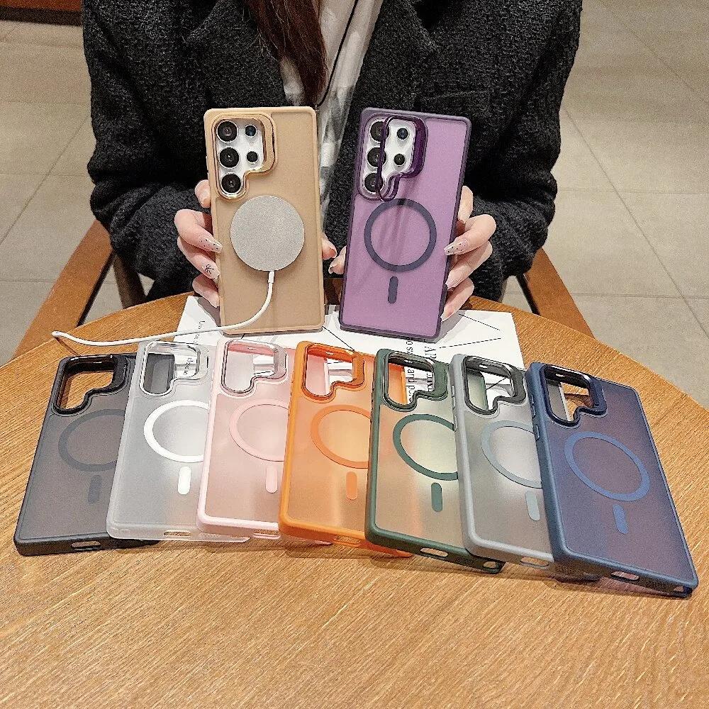 For Wireless Charging Magnetic Lens Holder Phone Case for Samsung Galaxy S24 FE S25 S23 Ultra S25 Plus + Protective Cover