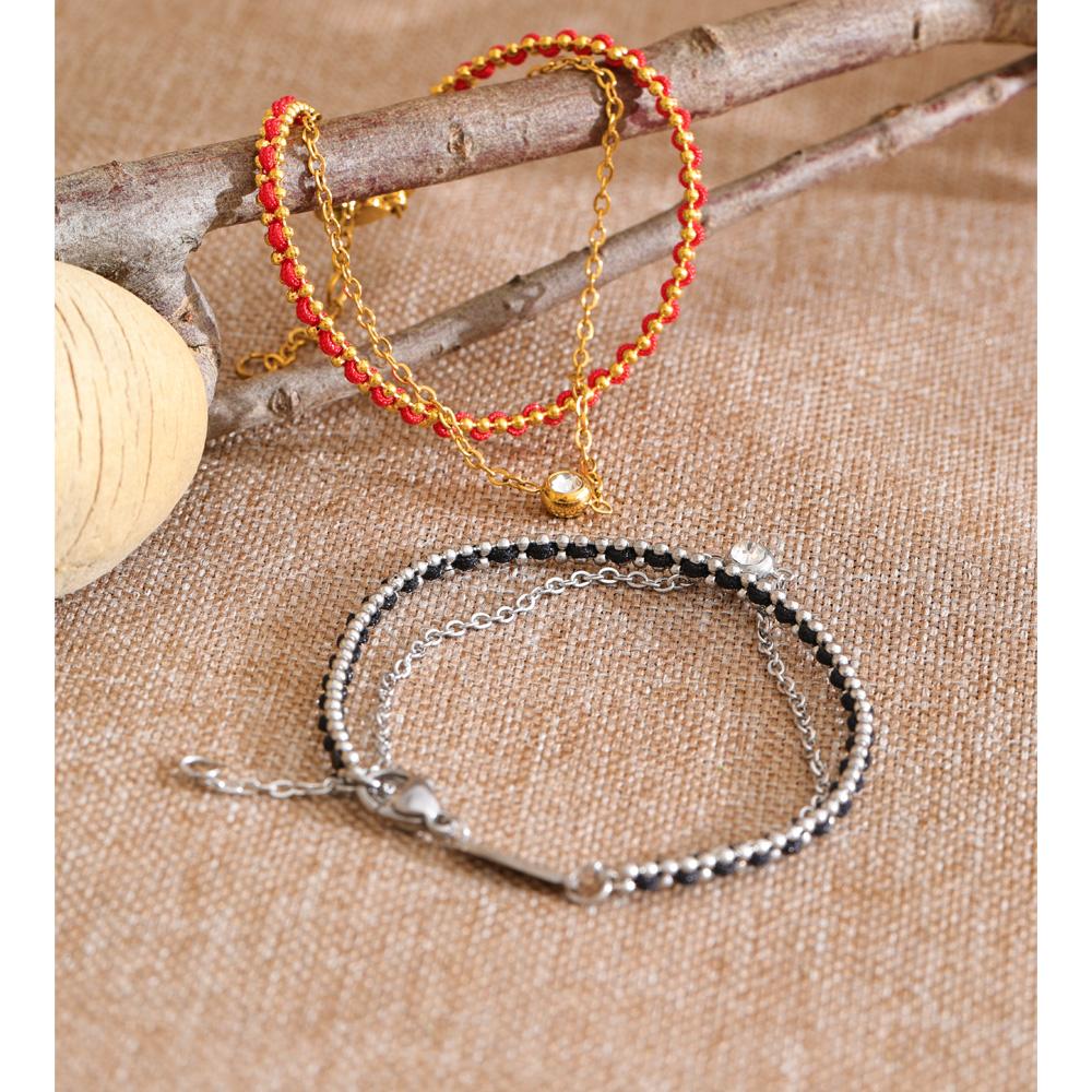 Eetit  Red Black Rope Weave Layered Chain Zirconia Stacking Bracelet Bangle for Women Stainless Steel Trending Wrist Jewelry Gift