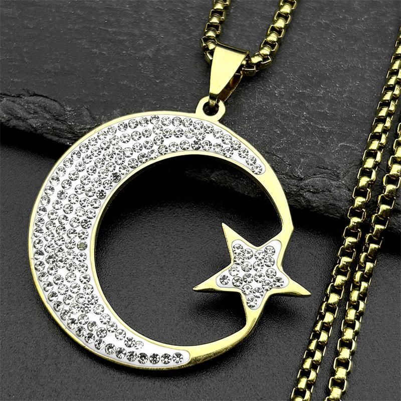 Muslim Islam Full Rinestones Crescent Moon Star Stainless Steel Chain Necklaces for Women Men Gold Color Necklace Jewelry Gift