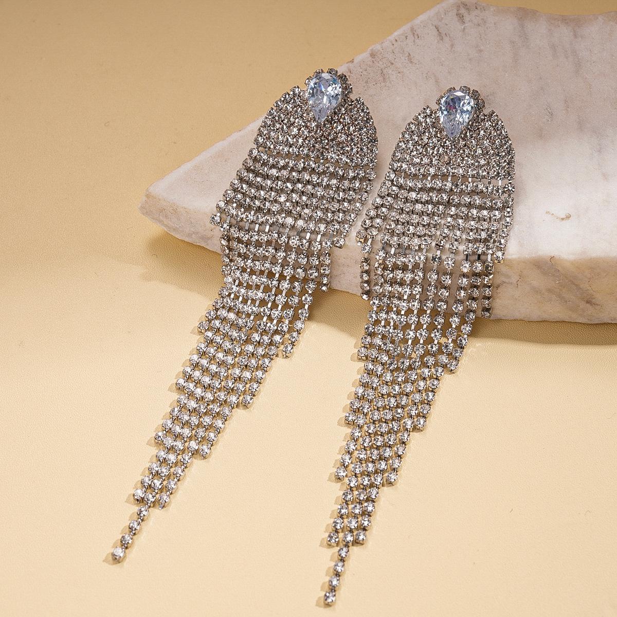 Light luxury zircon geometric fringed silver needle earrings cold wind temperament fashion sense earrings