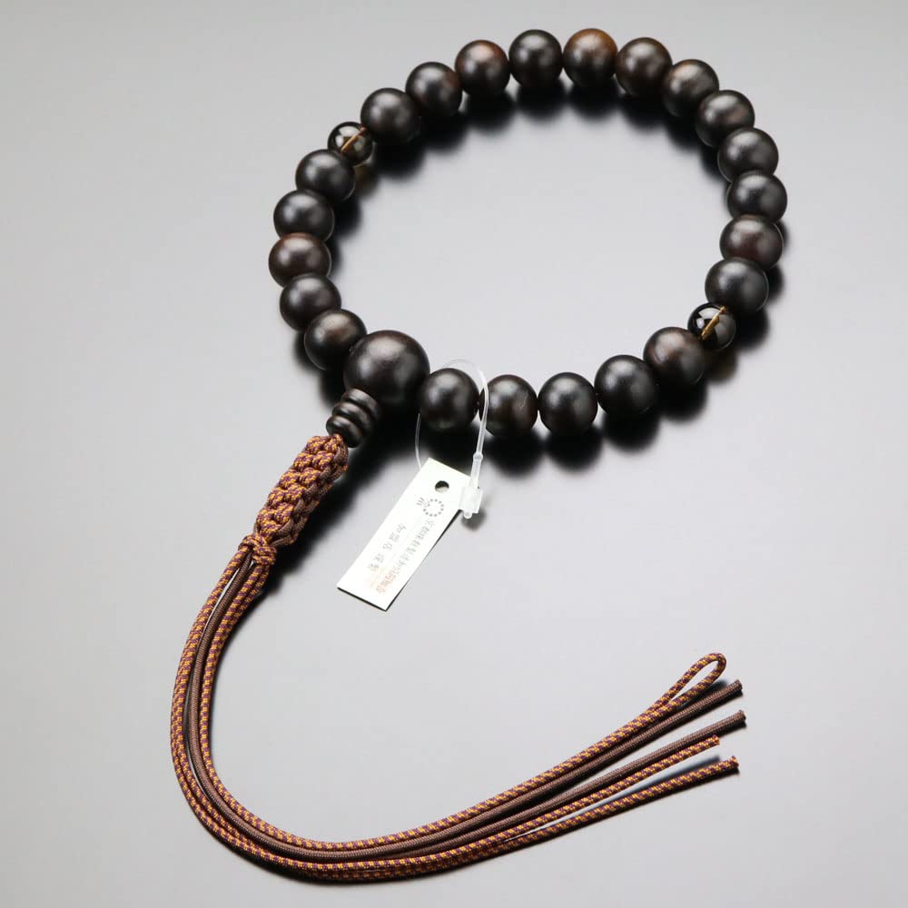 Jodo Shinshu Gebetskette für Männer, 22 Perlen, gestreiftes Ebenholz, 2 Himmel, braune Kristallschnur, Dutt-Gebetskette, Kyoto, Rauchquarz, Rauchkristall, buddhistisch