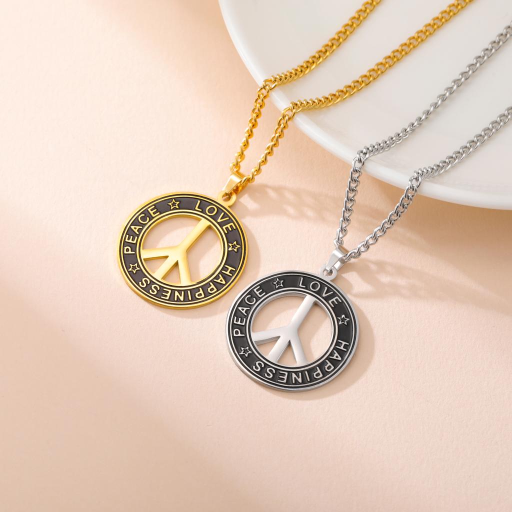 My Shape Round Peace Sign Symbol Pendant Necklace Stainless Steel Charm Choker Wax Cord Link Chain for Women Men Jewelry Gifts