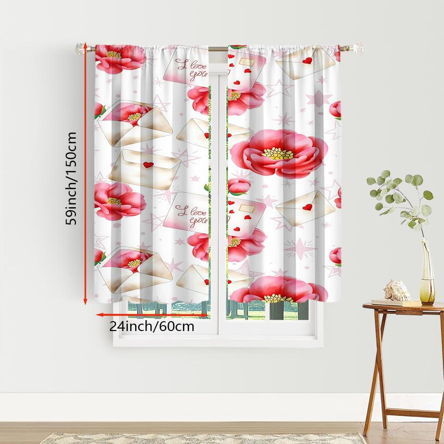 2pcs Romantic Flower & Love Letter Curtains, Perfect for Valentine's Day Window Decor, Rod Pocket Curtains