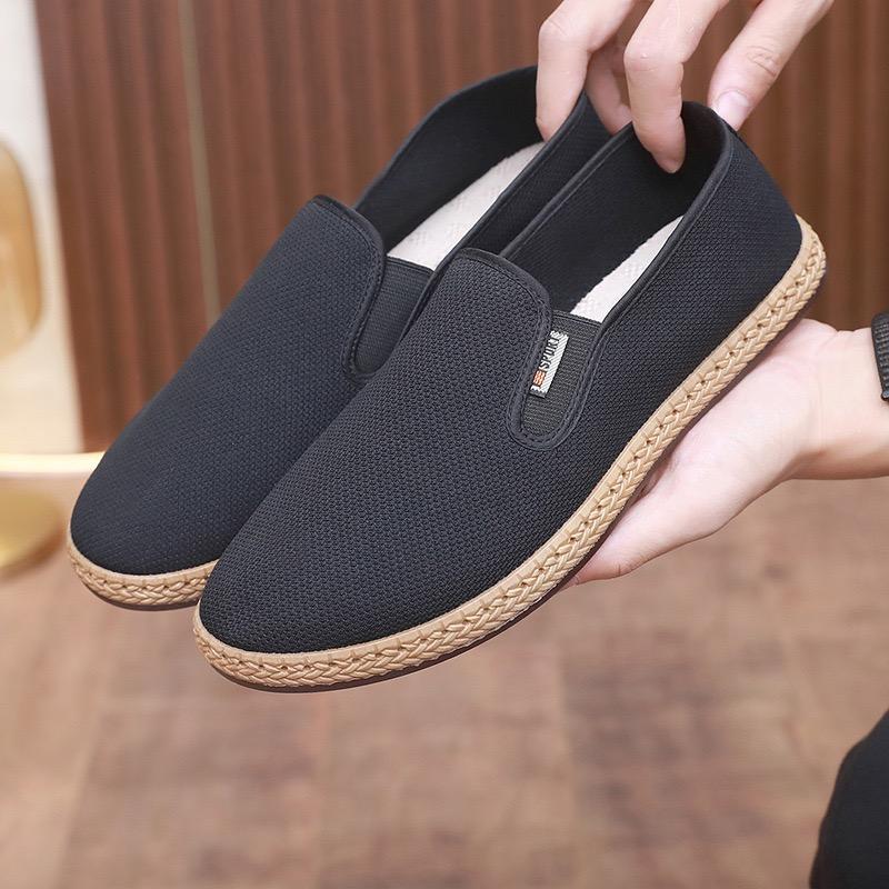 Classic Mens Canvas Shoe Outdoor Light Walking Flats Summer Breathable Hollow Out Mesh Shoes for Men Comfortable Slip-on Loafers