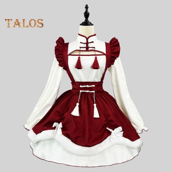 Cosplay Dress Lolita Maid Style Role Play Dress Hollow Out Shirring Contrast Color Tassel Bow Decor Pleated A-line Mini Dress New Year Party Costume