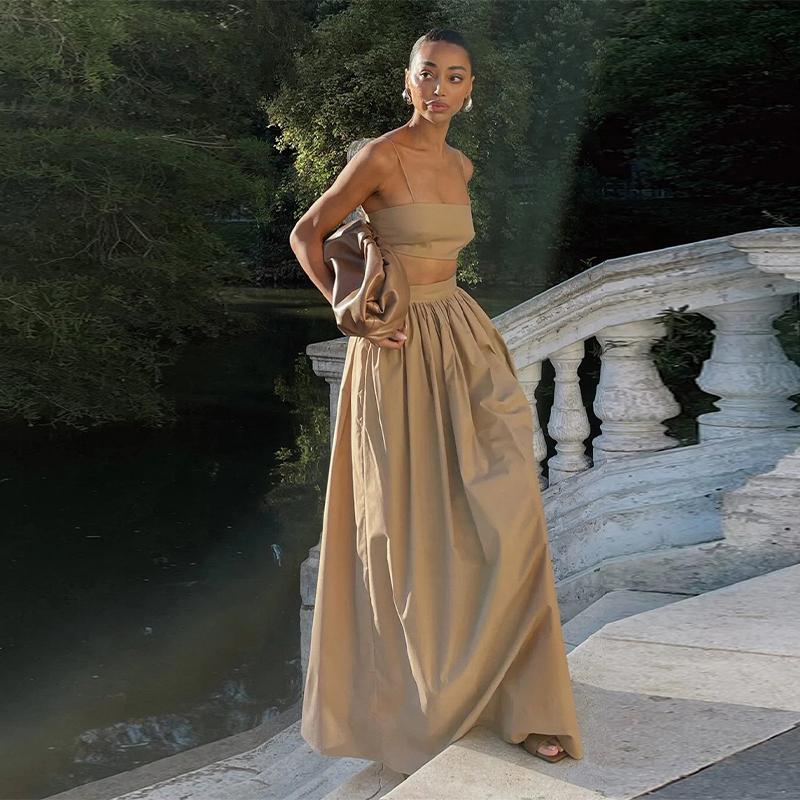 Women Elegant Cotton Camisole Top Casual Skirt Suit 2025 Spring and Summer Fashion Solid Color Sexy Wrapped Vest Long Skirt Set