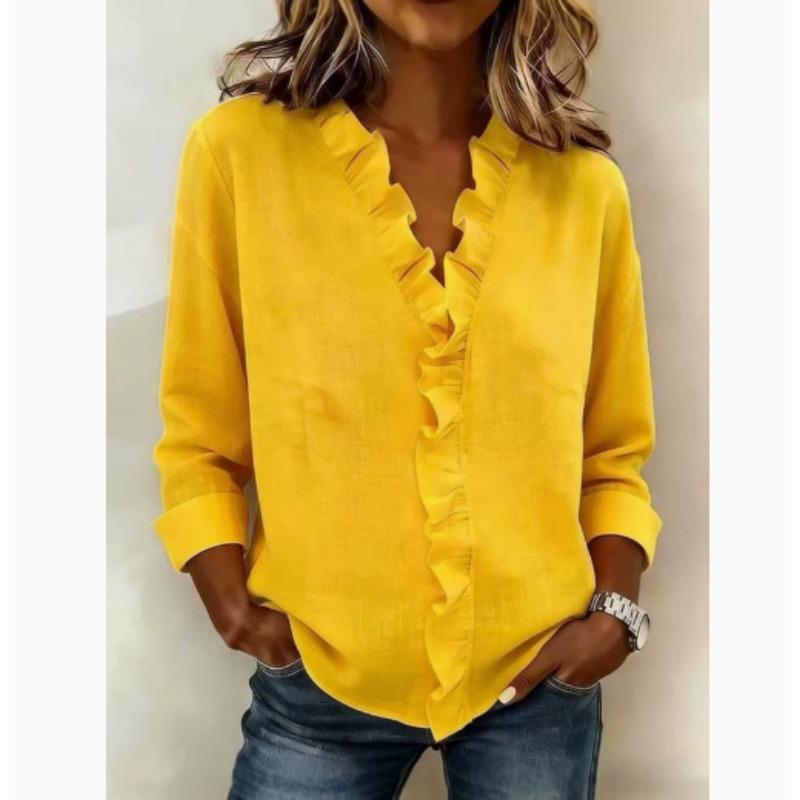 TIFICY Women's Fashion Casual Spring Autumn Solid Color Print Long Sleeve V-Neck Blouses & Shirts