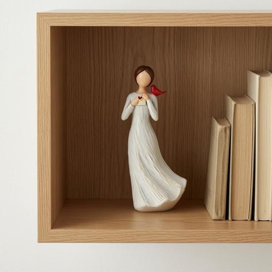 Hand Painted Girl Bird Figurine Resin Red Bird Standing on Girl's Shoulder Statue Sympathy Gifts for Loss of Loved One