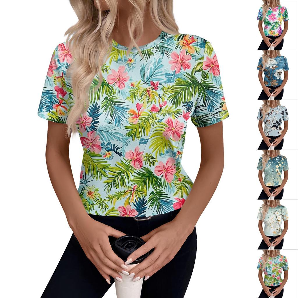 Women's Short Sleeve Tops Pleated  Neck Loose Fit T-Shirt