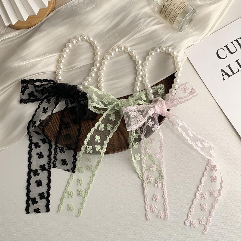 Collarbone Chain Versatile Spring and Autumn Fashion Neck Care Silk Scarf Headband Pearl Necklace Tie Hair Band Lace Streamer