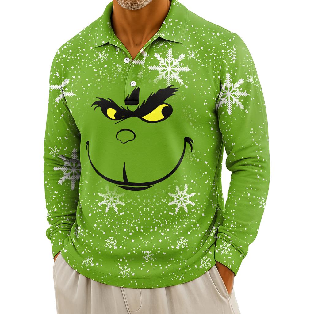 Men's Casual Christmas Print Button Long Sleeve Shirt