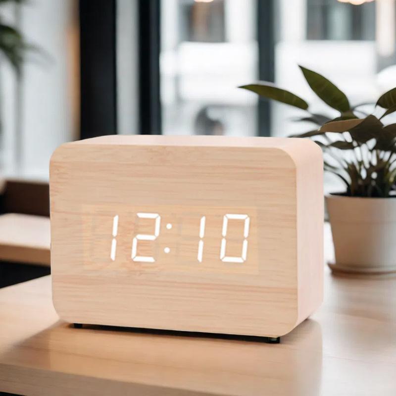 LED Desktop Clock Alarm Decoration Wooden Alarm Watch Table Voice Control Digital Wood Powered Electronic Desktop Clocks2