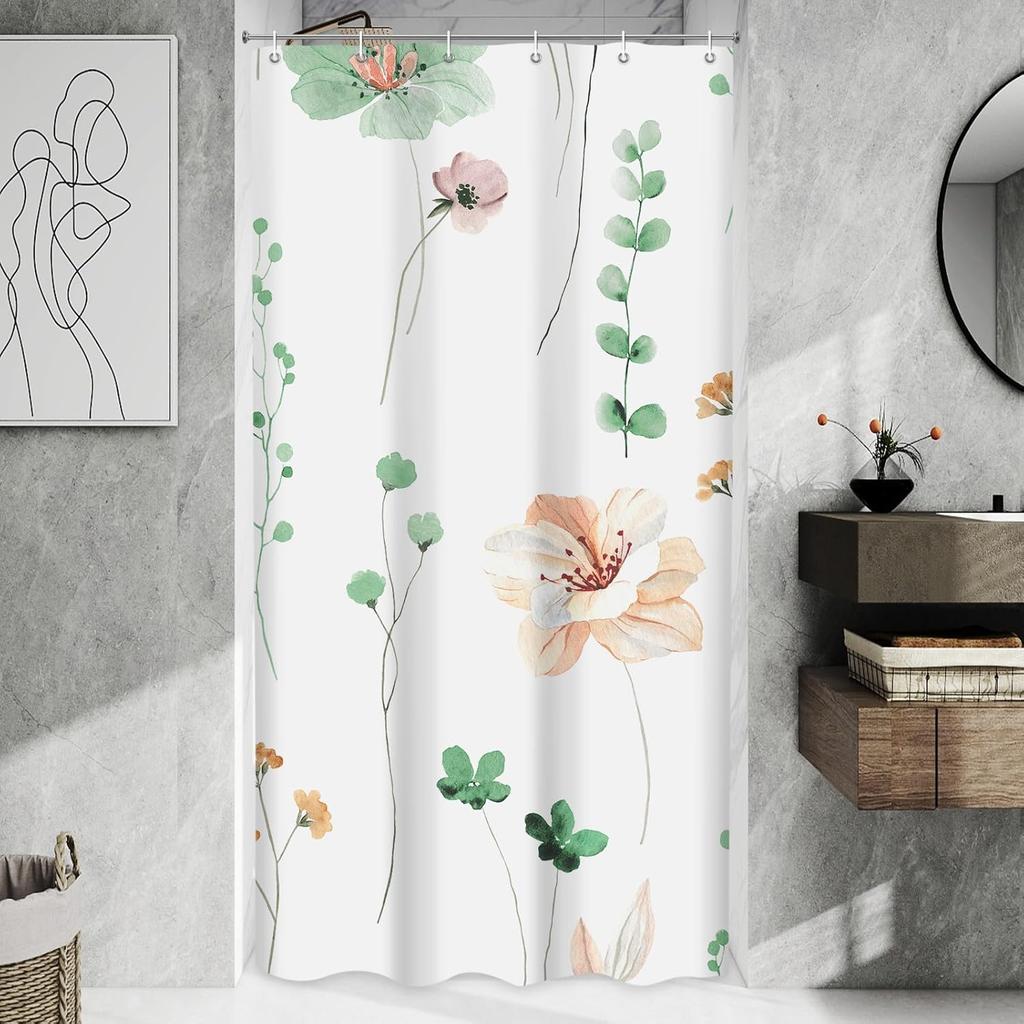 Shower Curtain Watercolor Flower Shower Curtain Sets - Spring Burnt-Orange Floral Plant Shower Curtains for Bathroom