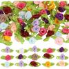 100 Pcs Mini Flowers for Crafts Multicolor Mini Roses Satin Roses with Green Leaves Small Satin Roses Tiny Artificial Fabric Flower Ornament Applique