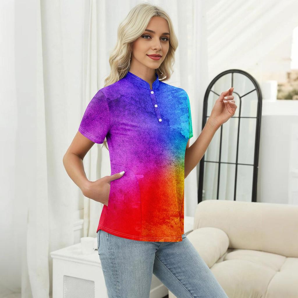 Women's Casual Floral Print V-Neck Short Sleeve Decorative Button T-Shirt Top