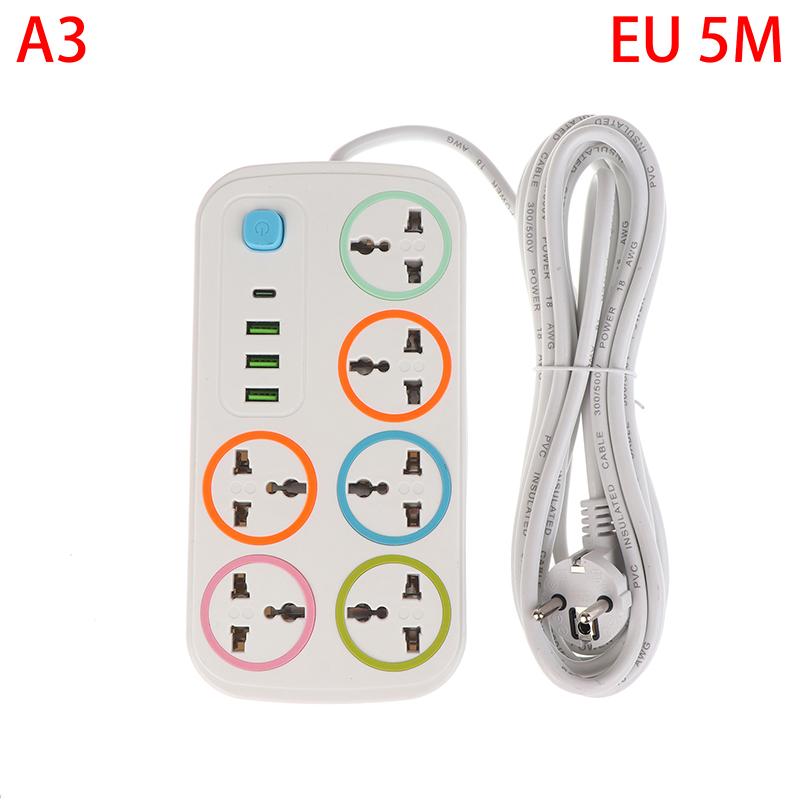 Eu Us Plug 2/3Pin Power Strip 1 Typec 3 Usb Port 6 Way Ac Outlet 2/3/5M Extension Power Socket Charge Electrical Socket