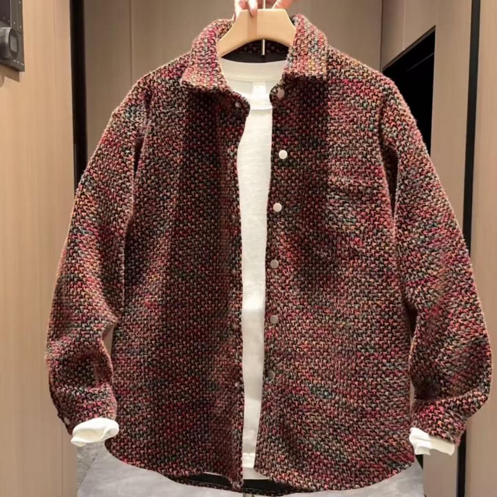 Lapel Woven Plaid Jacket Men's Autumn Korean Version Loose Couple Casual Dovetail Shirt Jacket
