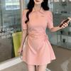 Women's Polo Collar Dress Summer Drawstring Waist Slimming Sweet Spicy Wind Pure Short-sleeved Dress