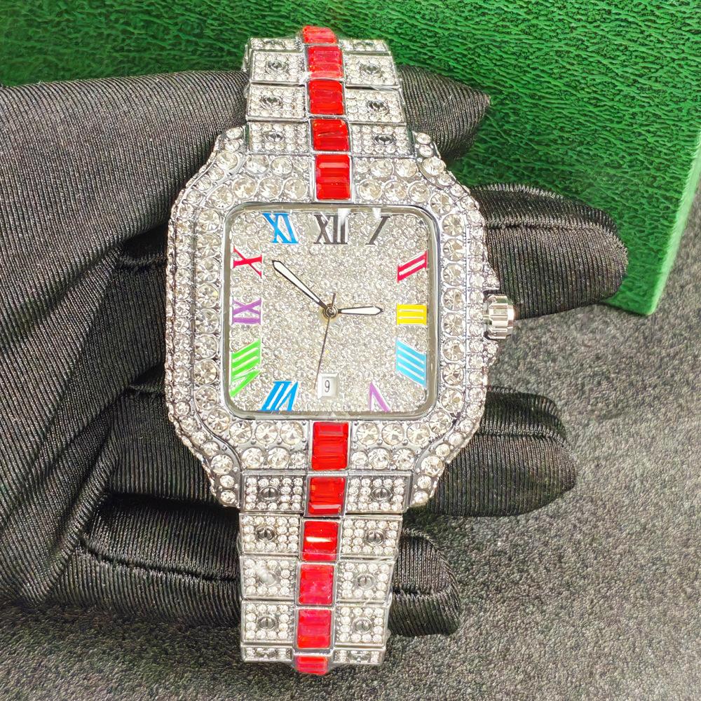 Men Quartz Watch Fashion Rainbow Digital Rome Dial Calendar Waterproof Hip Hop Diamond Wristwatch For Man Gift