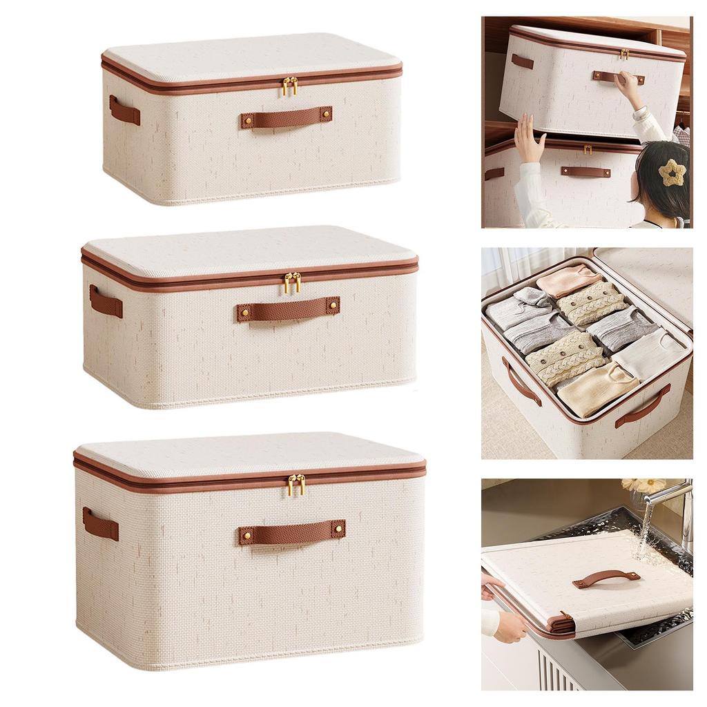 Breathable Cotton Linen Storage Box With Zippered Dustproof Lid For Clothes Bedding Home Organization Supplies