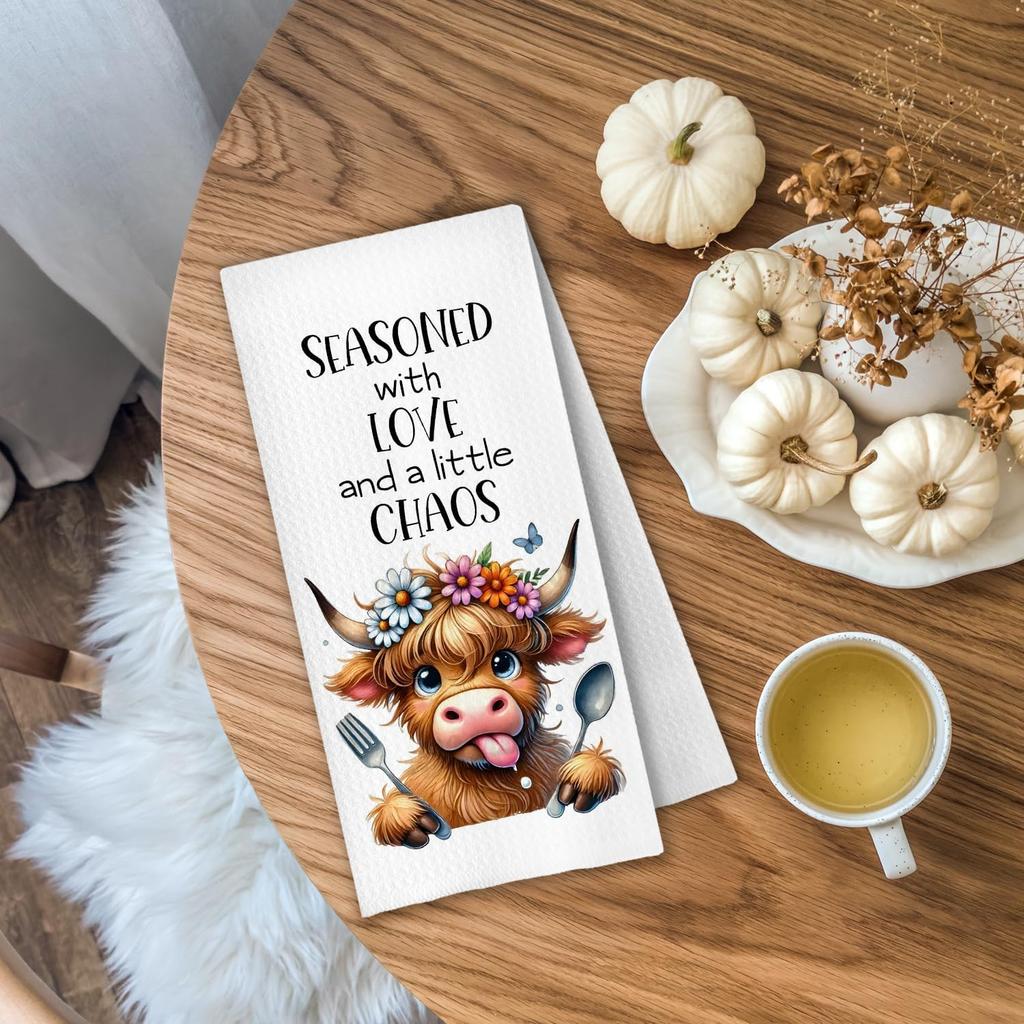 Funny Highland Cow Kitchen Towels Decor Gifts for Women, Farmhouse CuteHighland Cow Dish Tea Hand Towels for Kitchen Decor, 16x24 Inch