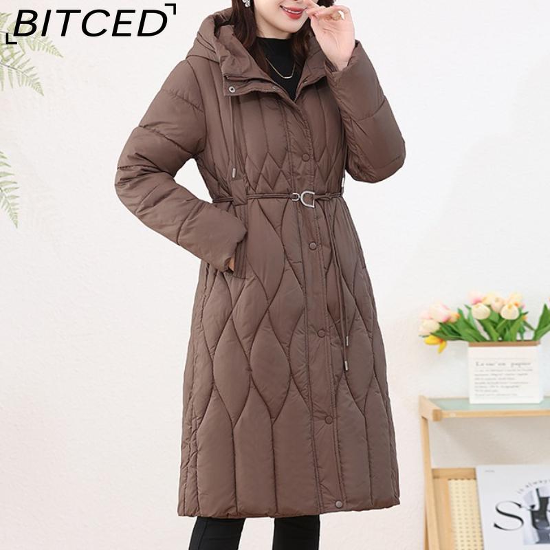 BITCED Women's Long-Length Winter Coat with Hood and Drawstring Waistband Fitted and Flattering Silhouette for a Slimming Effect