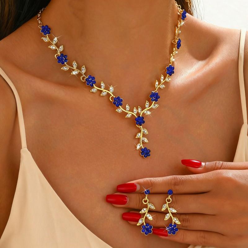Floral Necklace Earrings Set Women - Gold Plated Alloy Jewelry With Rhinestone Accents Sweet Fashion Wedding Accessory