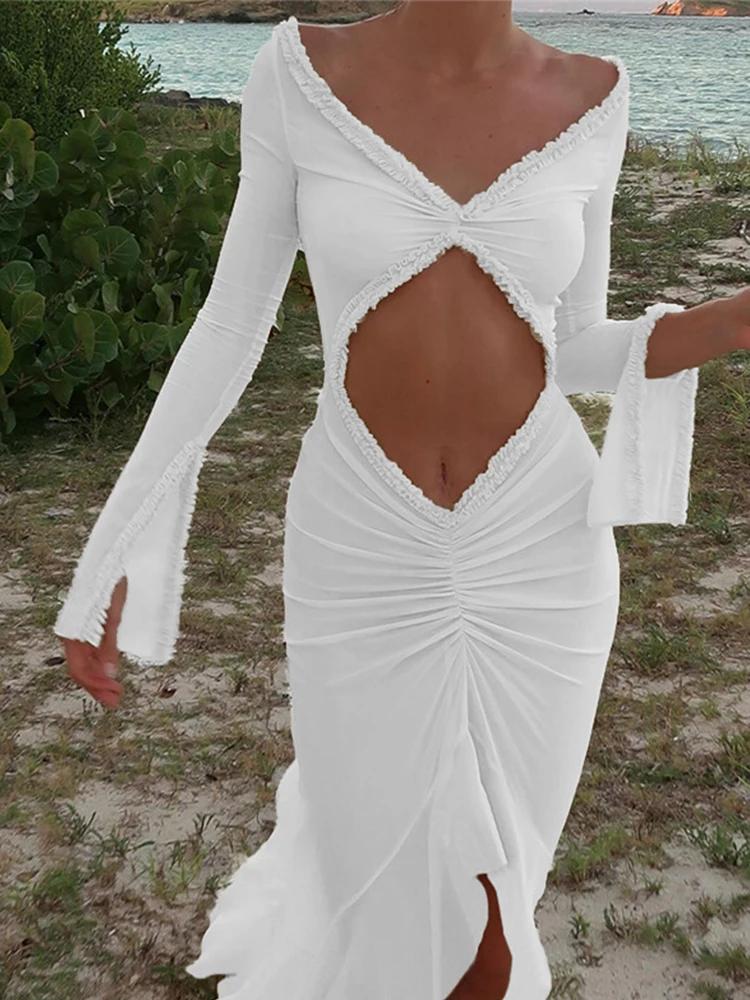 

Сексуальное длинное платье с глубоким V-образным вырезом для женщин, плиссированные платья с оборками, женское праздничное пляжное облегающее вечернее платье для леди L белый