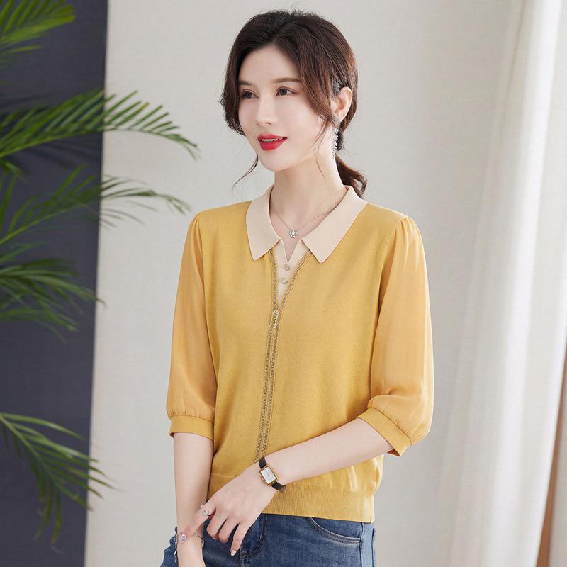 

2026 Spring Two-Piece Ice Silk Knit Top with Gauze Sleeves for Moms XL (Approx. 105-120 lbs)