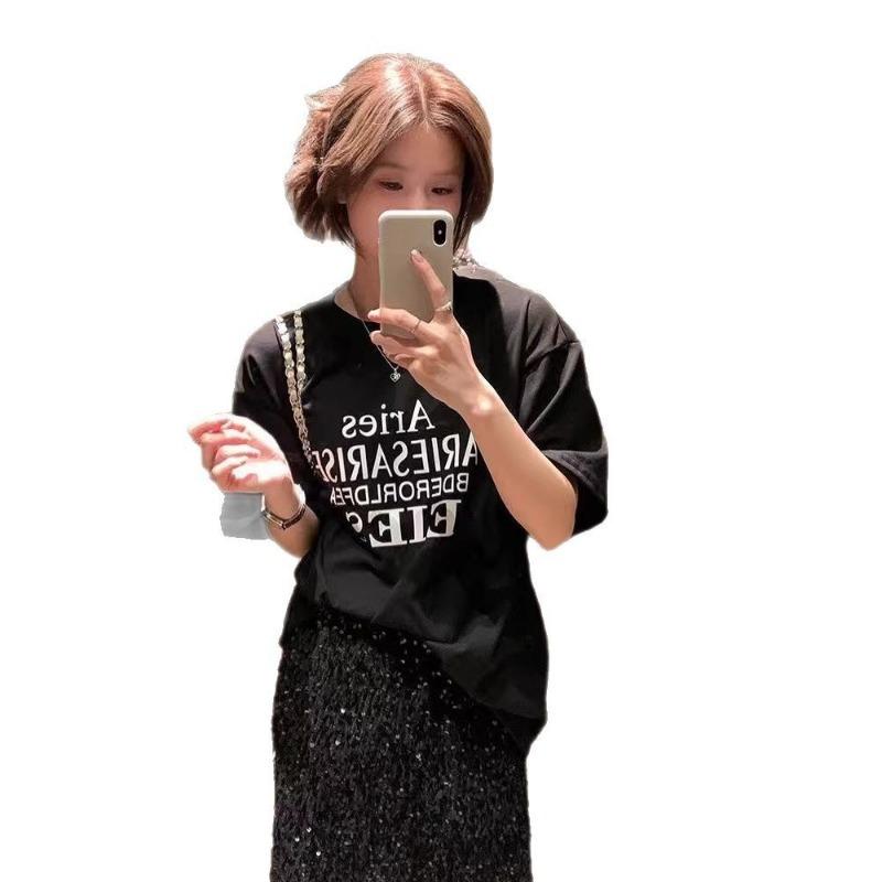 Women's Retro and Laid-back Round-neck Letter Short-sleeved T-shirt Summer Loose and Casual Printed Top