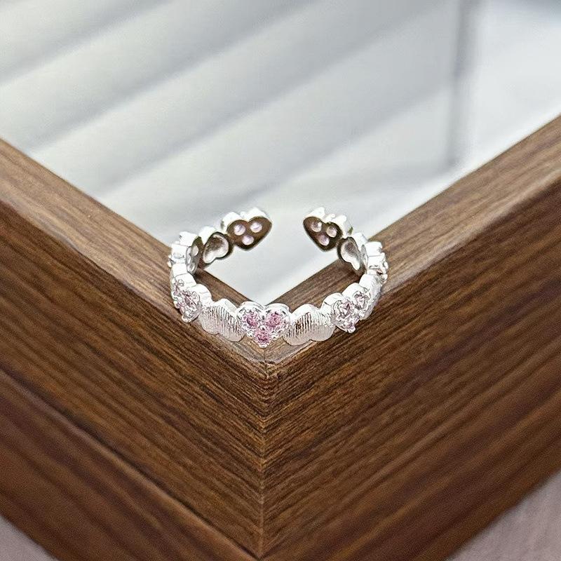 Light Luxury Sweet Cool Pink Cute Full Diamond Zir*****Pening Adjustable Ring Niche Design High-End Ring Woman