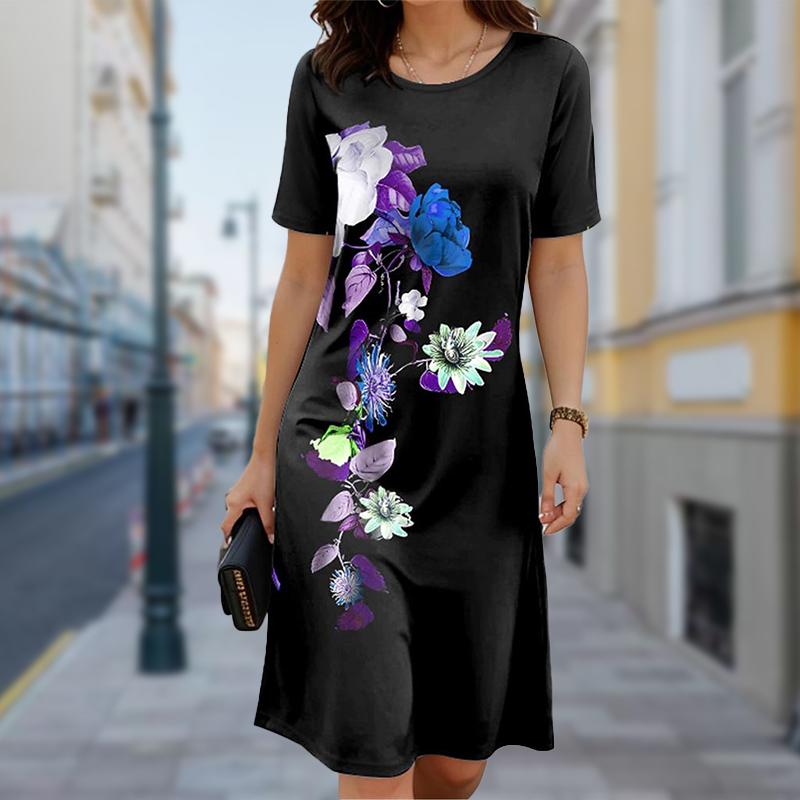 

Женское повседневное платье Летние платья с принтом цветов сбоку для женщин Платье с коротким рукавом и круглым вырезом Плюс Размер 8XL