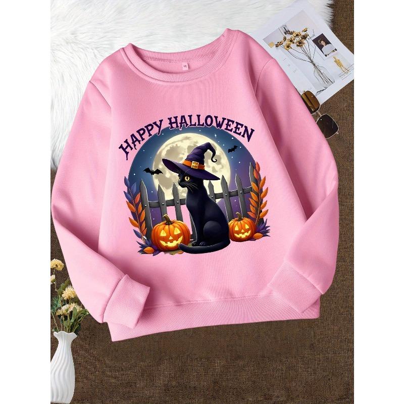 Girls' White Casual Round Neck Sweatshirt - Happy Halloween Print with Black, Witch Hat & Bats | Cozy Fall Winter Sweater for
