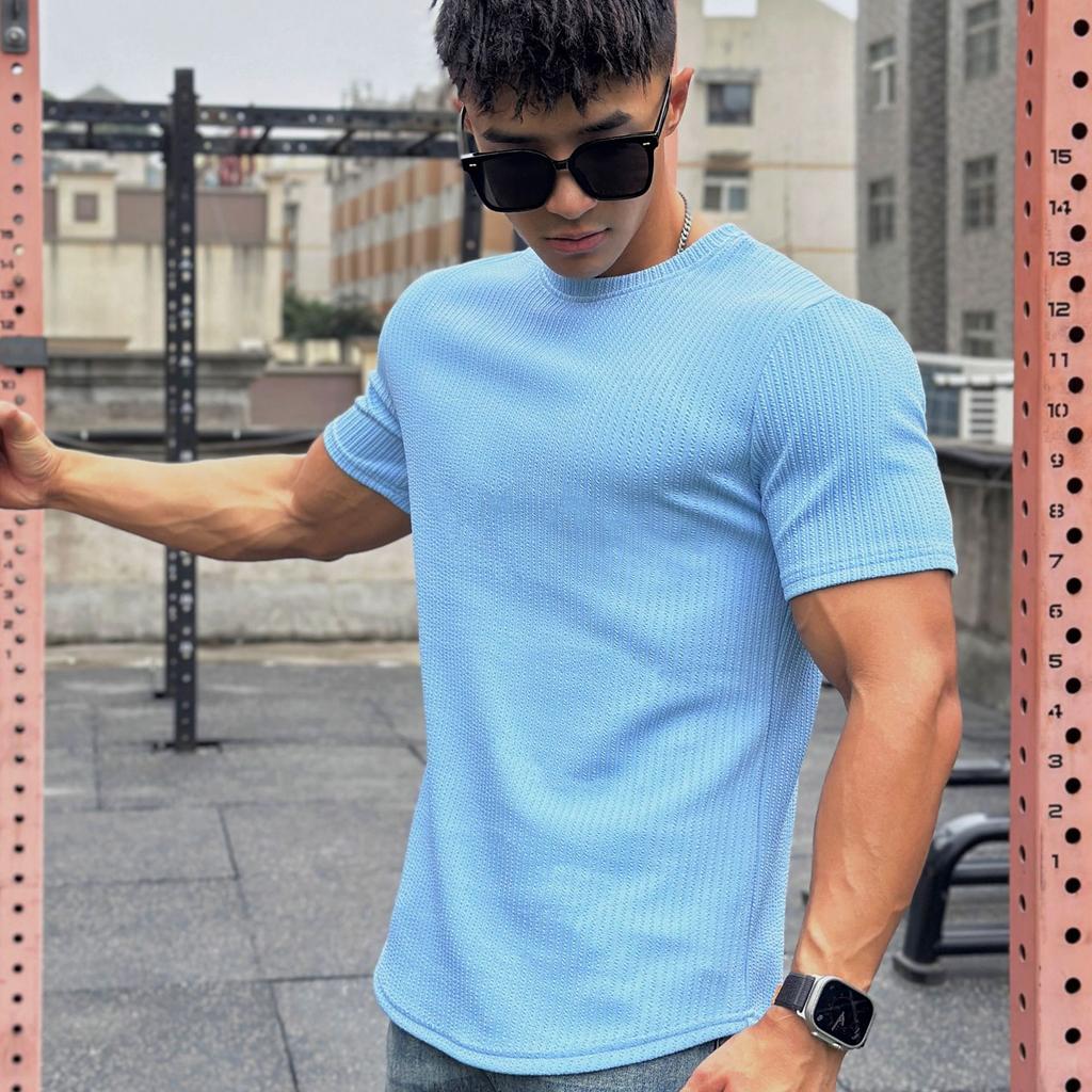 American Style Men's Summer Short Sleeve Slim Fit Fitness Top Solid Crew Neck Training T-shirt